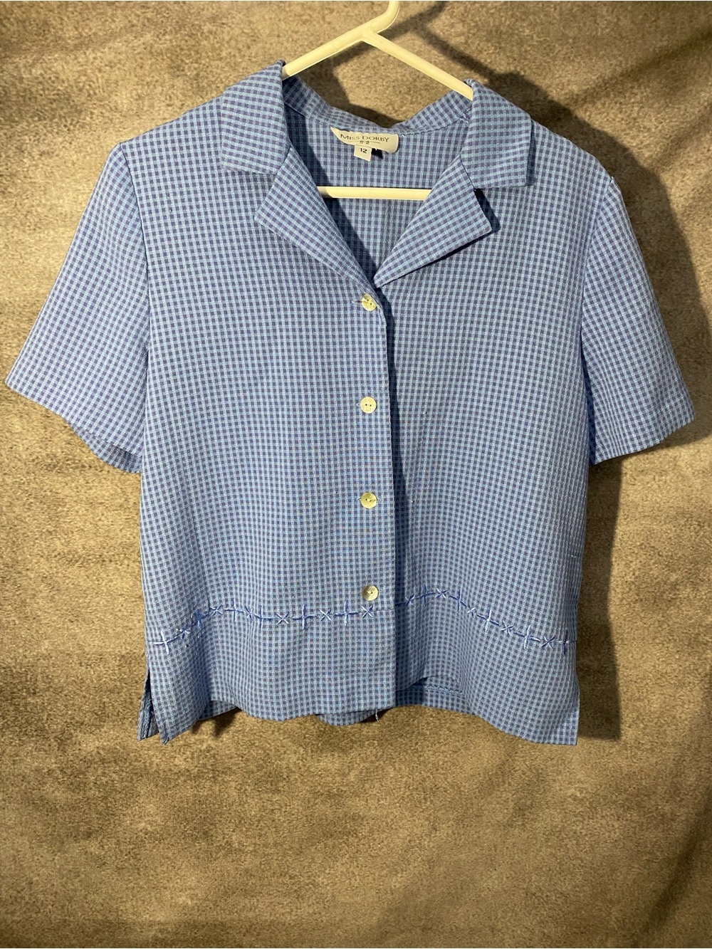 Vintage Miss Dorby Blue Gingham Short Sleeve Button Up Top Women’s 12